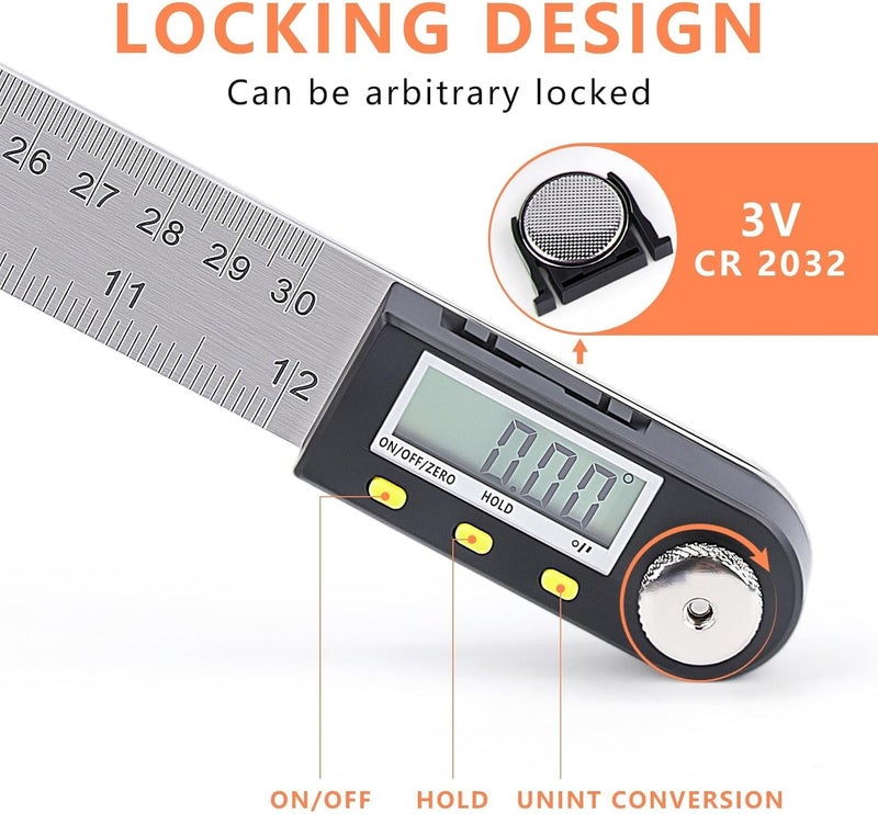 Yangoutool Store Yanguotool Digital Angle Ruler: 300mm/12-Inch Protractor Finder with Stainless Steel Ruler, Ideal for Woodworking, Construction, Level Measuring - Image 2